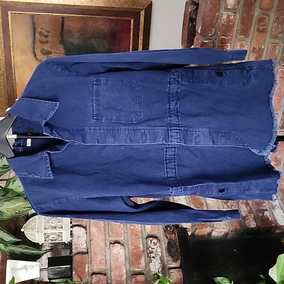 Reformation Chambray Utility Jacket Denim Overshirt Blue Workwear Button Front